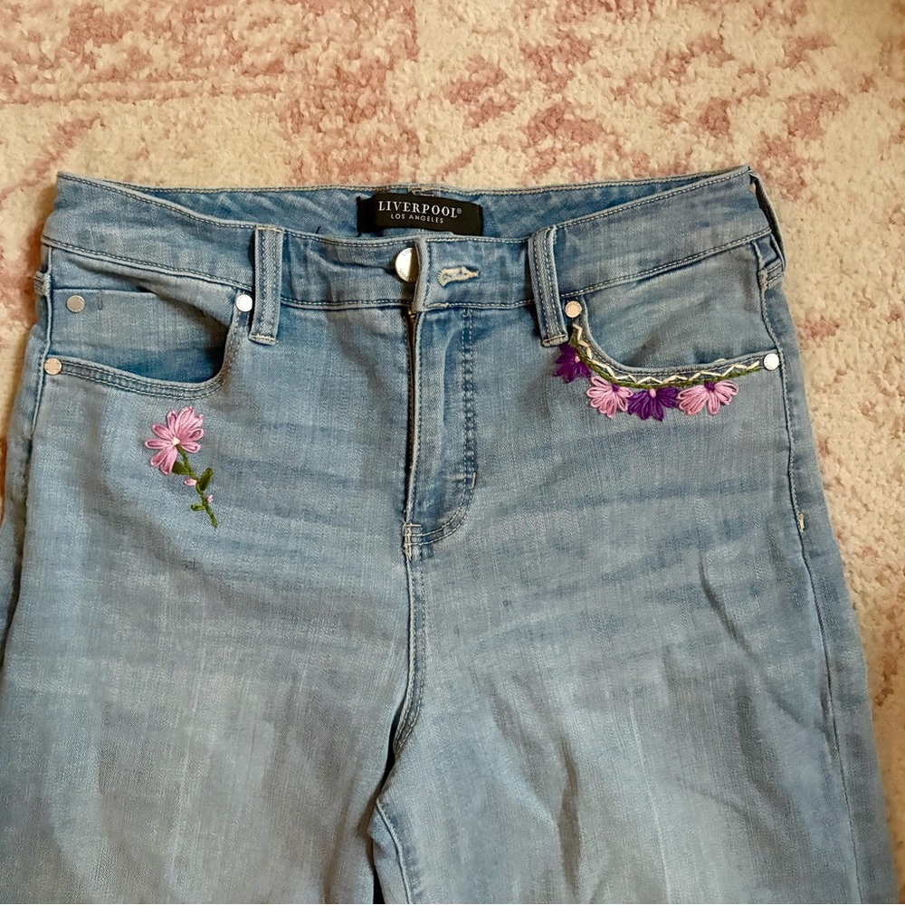 Liverpool Women's High Rise Light Blue Jeans with Pink and Purple Embroidery